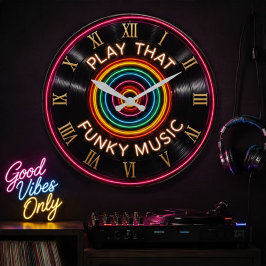 Play That Funky Music Neon Vinyl Record Decor ラージ壁時計