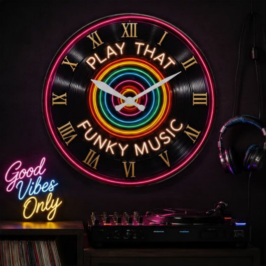 Play That Funky Music Neon Vinyl Record Decor ラージ壁時計
