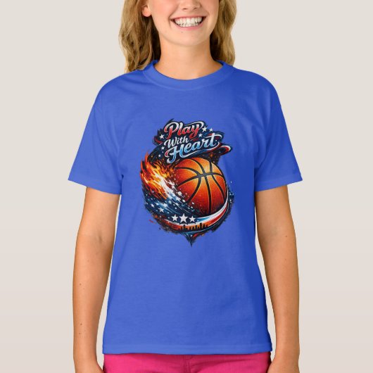 Play With Heart Basketball Motivational Girls Tシャツ (正面)