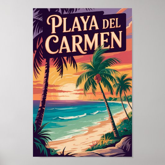 Playa del Carmen Illustration Travel Art Vintage ポスター (正面)