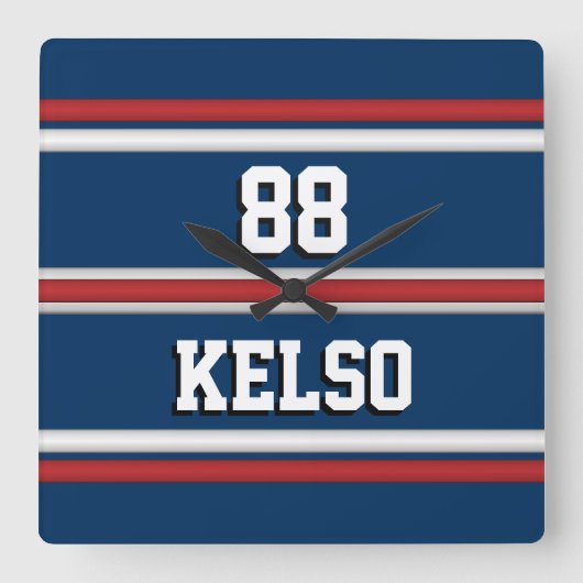 Player Jerseyストライプ赤白青 スクエア壁時計 (正面)