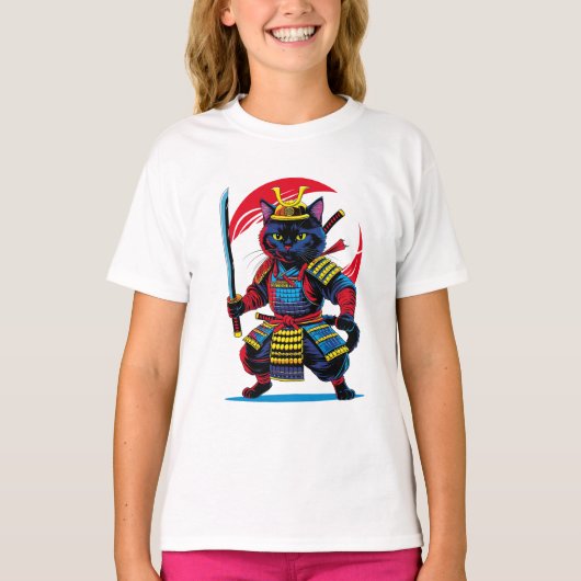Playera básica de niñas Gato Samurái Tシャツ (正面)