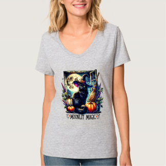 Playera "Moonlit Magic" Black Cat Halloween Shirt Tシャツ