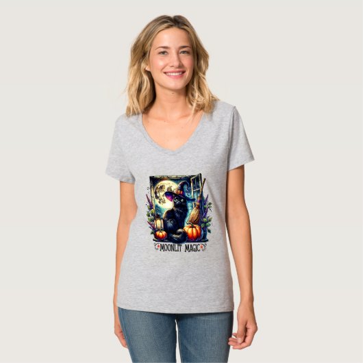 Playera "Moonlit Magic" Black Cat Halloween Shirt Tシャツ (正面フル)