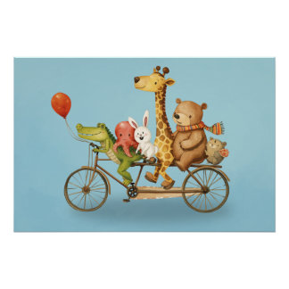 Playful Animal Friends on Bike Illustration Poster ポスター