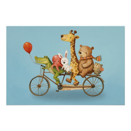 Playful Animal Friends on Bike Illustration Poster ポスター (正面)
