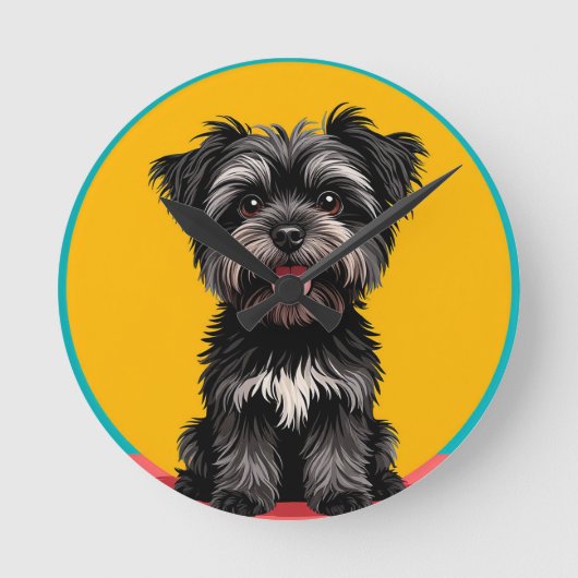 Playful Black And Gray Terrier Puppy Portrait ラウンド壁時計 (正面)