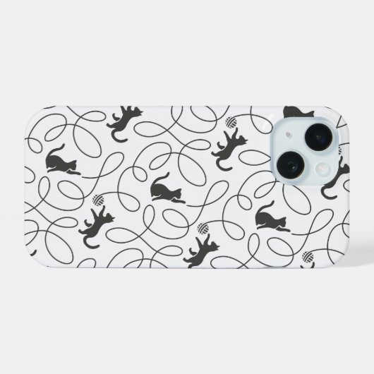 Playful Black Cat and Yarn Ball Pattern iPhone 15ケース (裏面横)