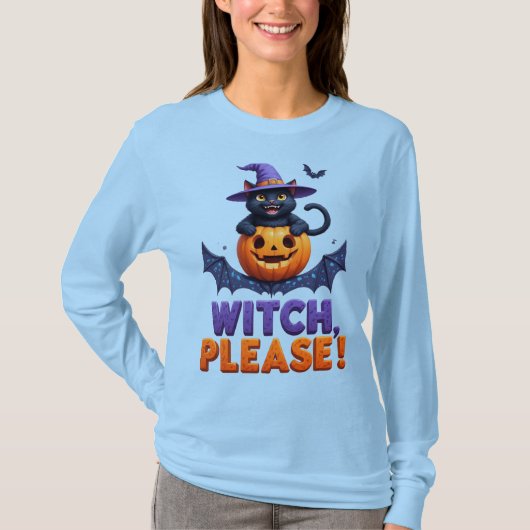 Playful Black Cat in Witch Hat Tシャツ (正面)