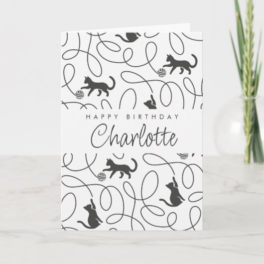 Playful Black Cat Pattern Birthday カード (正面)