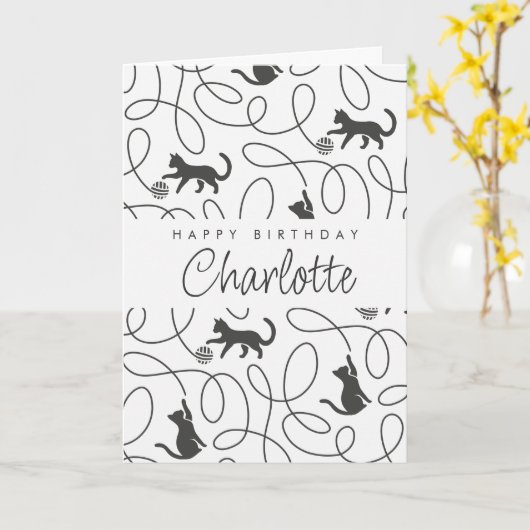 Playful Black Cat Pattern Birthday カード (黄色い花)