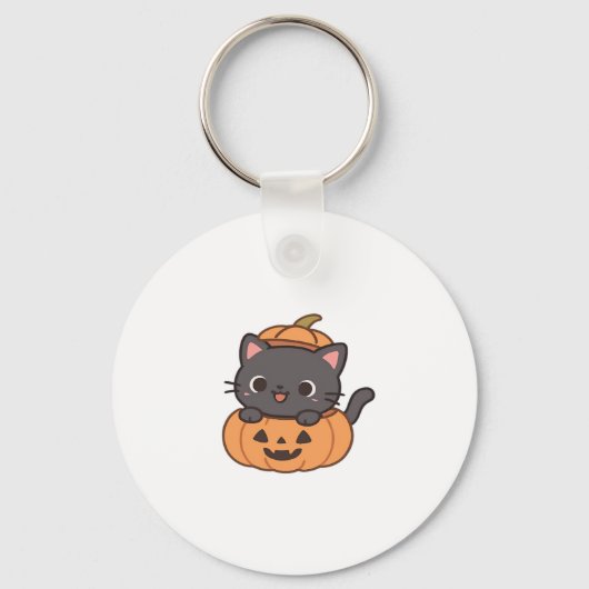 Playful Black Cat Popping Out of Pumpkin T-Shirt - キーホルダー (正面)