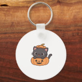 Playful Black Cat Popping Out of Pumpkin T-Shirt - キーホルダー (正面)