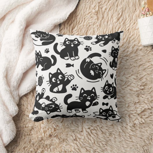 Playful Black Cat Silhouette Pattern Throw Pillow クッション (ブランケット)