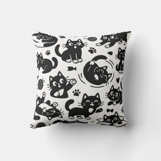 Playful Black Cat Silhouette Pattern Throw Pillow クッション (裏面)