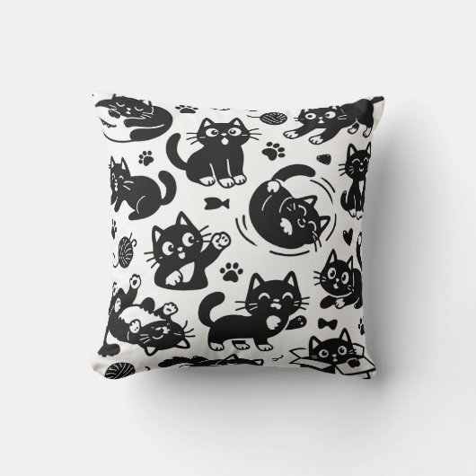 Playful Black Cat Silhouette Pattern Throw Pillow クッション (正面)