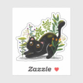 Playful Black Cat with Flowers – Cute Botanical  シール (シート)