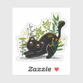 Playful Black Cat with Flowers – Cute Botanical  シール