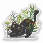 Playful Black Cat with Flowers – Cute Botanical  シール (正面)