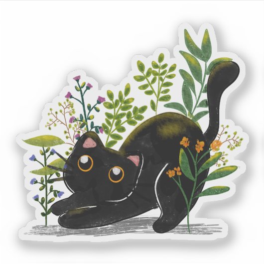 Playful Black Cat with Flowers – Cute Botanical  シール (正面)