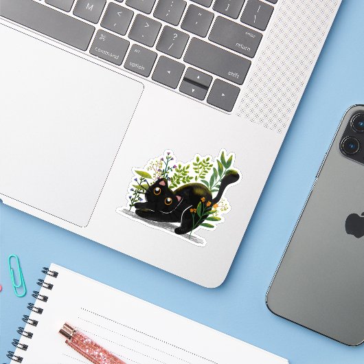 Playful Black Cat with Flowers – Cute Botanical  シール (ノートパソコンとiPhone)