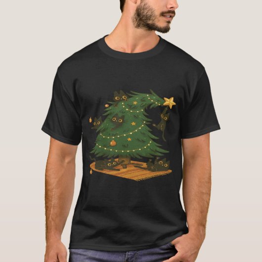 Playful Black Cats Wrecking Christmas Tree T-Shirt Tシャツ (正面)