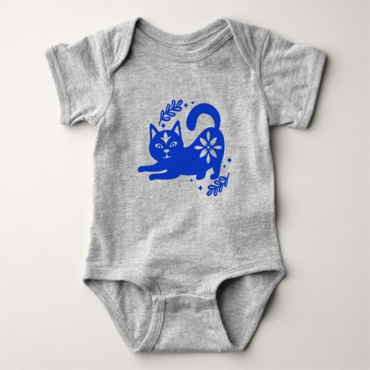 Playful Blue Cat Baby Bodysuit – CozyBun ベビーボディスーツ (正面)