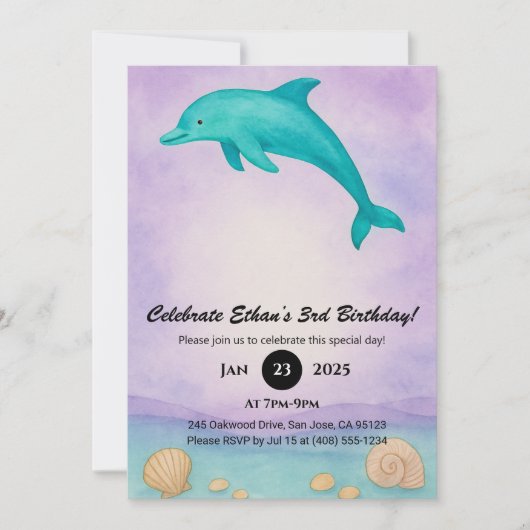 Playful Blue Dolphin & Seashell Ocean Birthday  招待状 (正面)