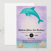 Playful Blue Dolphin & Seashell Ocean Birthday  招待状 (正面/裏面)