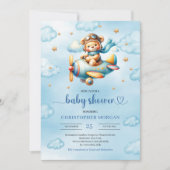 Playful blue pilot teddy bear boy shower invites 招待状 (正面)