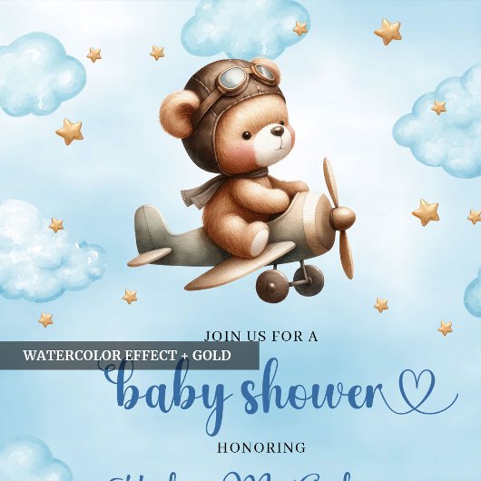 Playful blue pilot teddy bear boy shower invites 招待状