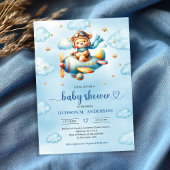 Playful blue pilot teddy bear boy shower invites 招待状