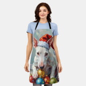 Playful Bull Terrier Dog Guarding Christmas エプロン (着用した状態)