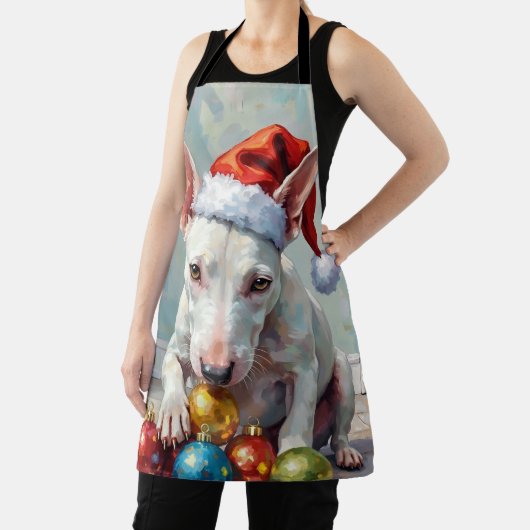 Playful Bull Terrier Dog Guarding Christmas エプロン (インサイチュ)