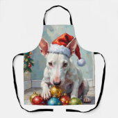 Playful Bull Terrier Dog Guarding Christmas エプロン (正面)