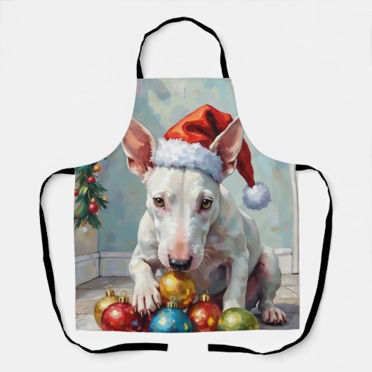 Playful Bull Terrier Dog Guarding Christmas エプロン (正面)