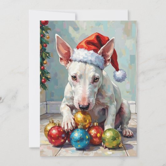 Playful Bull Terrier Dog Guarding Christmas シーズンカード (正面)