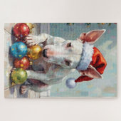 Playful Bull Terrier Dog Guarding Christmas ジグソーパズル (横)