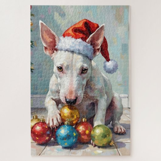 Playful Bull Terrier Dog Guarding Christmas ジグソーパズル (縦)