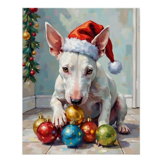 Playful Bull Terrier Dog Guarding Christmas ポスター (正面)