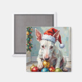 Playful Bull Terrier Dog Guarding Christmas マグネット (正面/裏面)