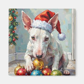 Playful Bull Terrier Dog Guarding Christmas マグネット (正面)