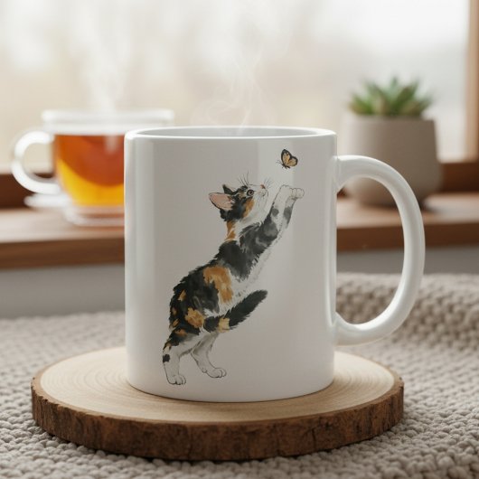 Playful Calico Cat and Butterfly Watercolor Mug コーヒーマグカップ