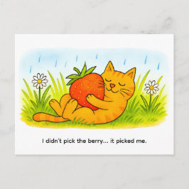 Playful Cartoon Cat Hugging Big Strawberry ポストカード