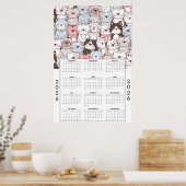 Playful Cartoon Cat Pattern with 2026 Calendar ポスター (キッチン)