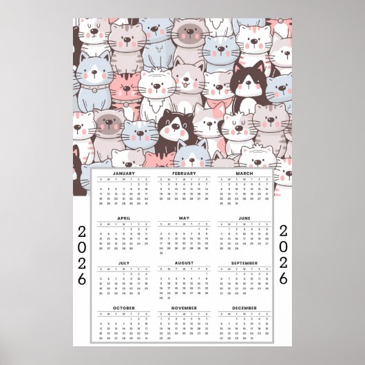 Playful Cartoon Cat Pattern with 2026 Calendar ポスター (正面)