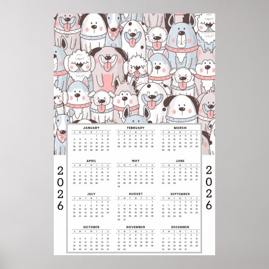 Playful Cartoon Dog Pattern with 2026 Calendar ポスター (正面)