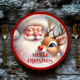 Playful Cartoon Santa Rudolph Christmas Plates ペーパープレート