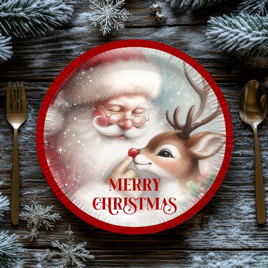 Playful Cartoon Santa Rudolph Holiday Plates ペーパープレート
