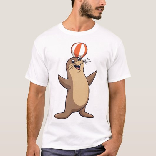 Playful Cartoon Sea Lion with Beach Ball Tシャツ (正面)